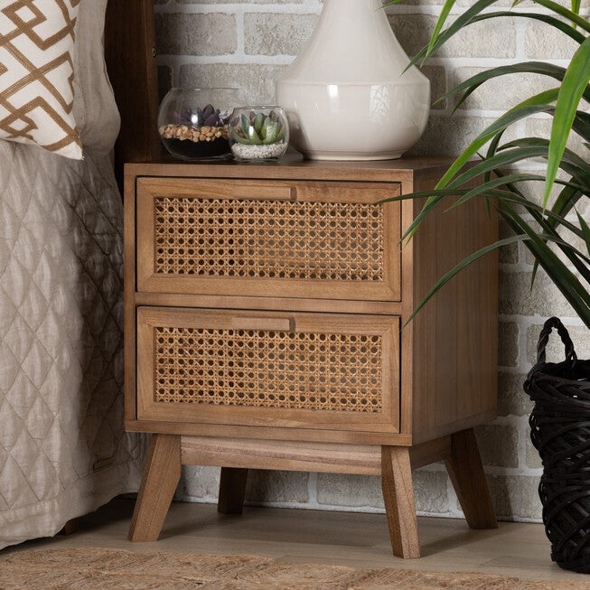Baden Mid-Century Modern Walnut Brown Finished Wood 2-Drawer Nightstand With Rattan, , alternate image number 7