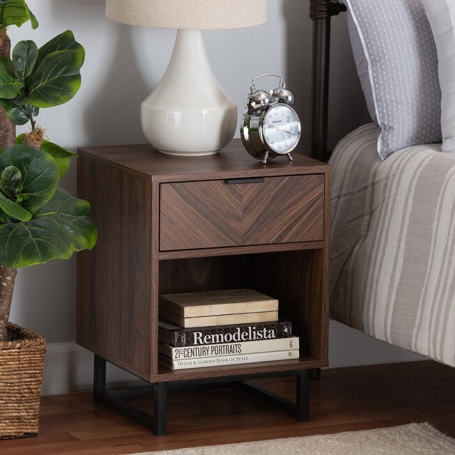 Sadia Modern Walnut Brown Finished Wood And Black Metal 1-Drawer End Table, , alternate image number 7