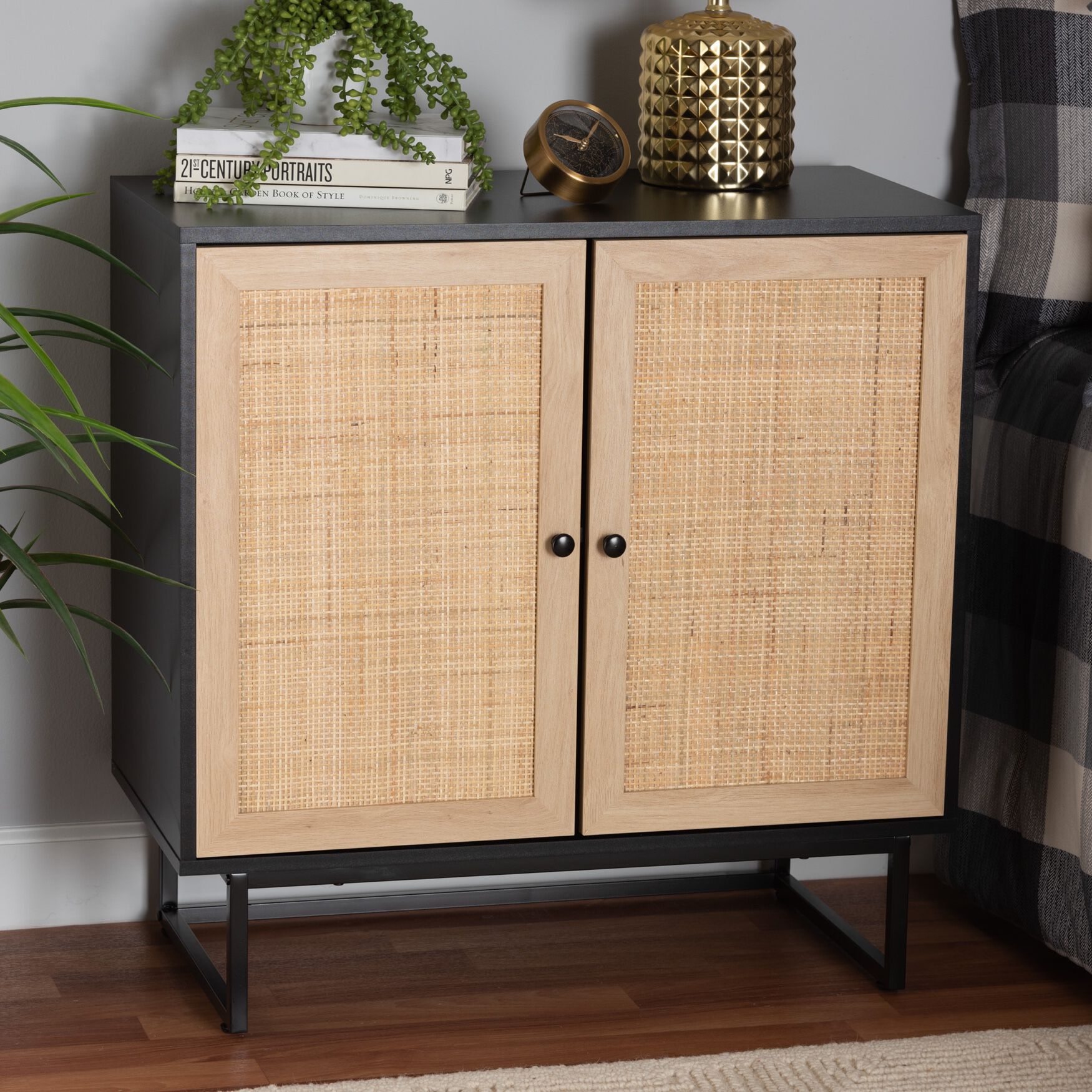 Declan Mid-Century Modern Espresso Brown Finished Wood And Natural Rattan 2-Door Storage Cabinet, , alternate image number 7