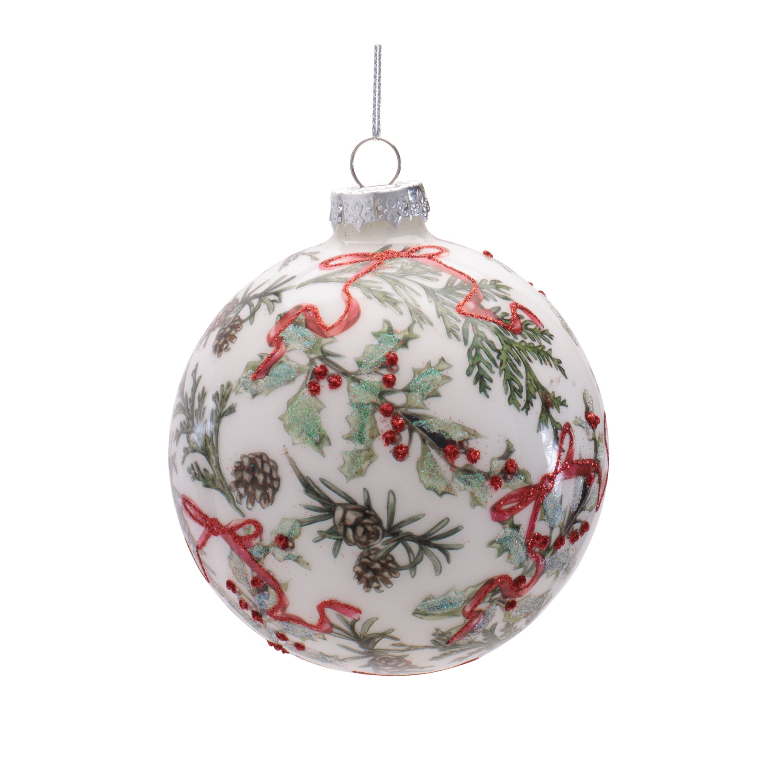 Holiday Botanical Glass Ornament (Set of 6), WHITE GREEN RED, alternate image number 2