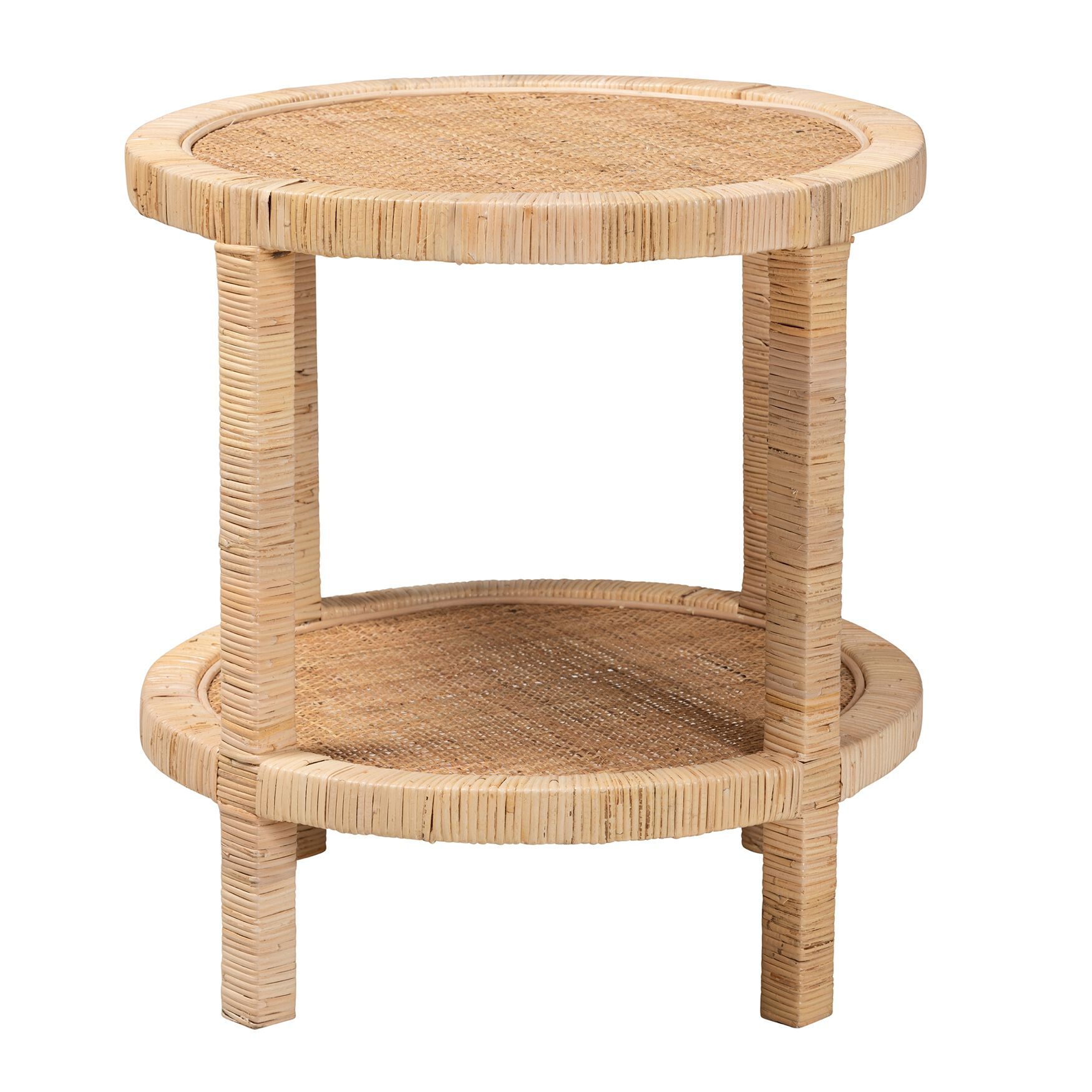 Bella Modern Bohemian Natural Brown Mahogany Wood and Natural Rattan 2-Tier End Table, , on-hover image number 1