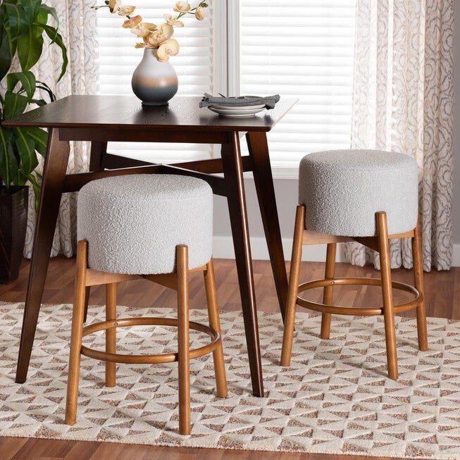 Olwen Modern Japandi Light Grey Boucle Fabric And Walnut Brown Finished Wood 2-Piece Bar Stool Set, , alternate image number 3