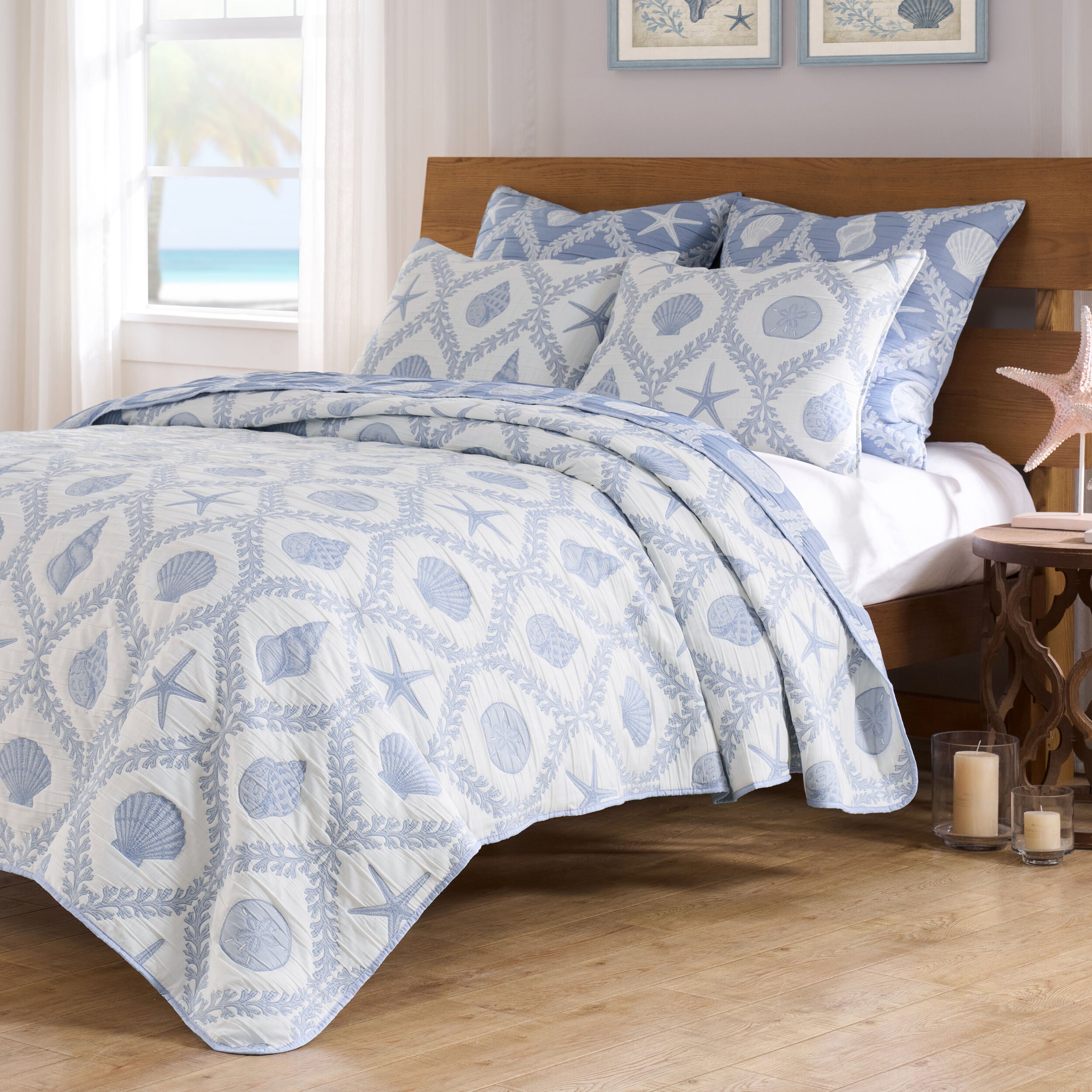 Laguna Seaside Coastal Seashell Ogee Reversible Coverlet Set, CHAMBRAY, alternate image number 6
