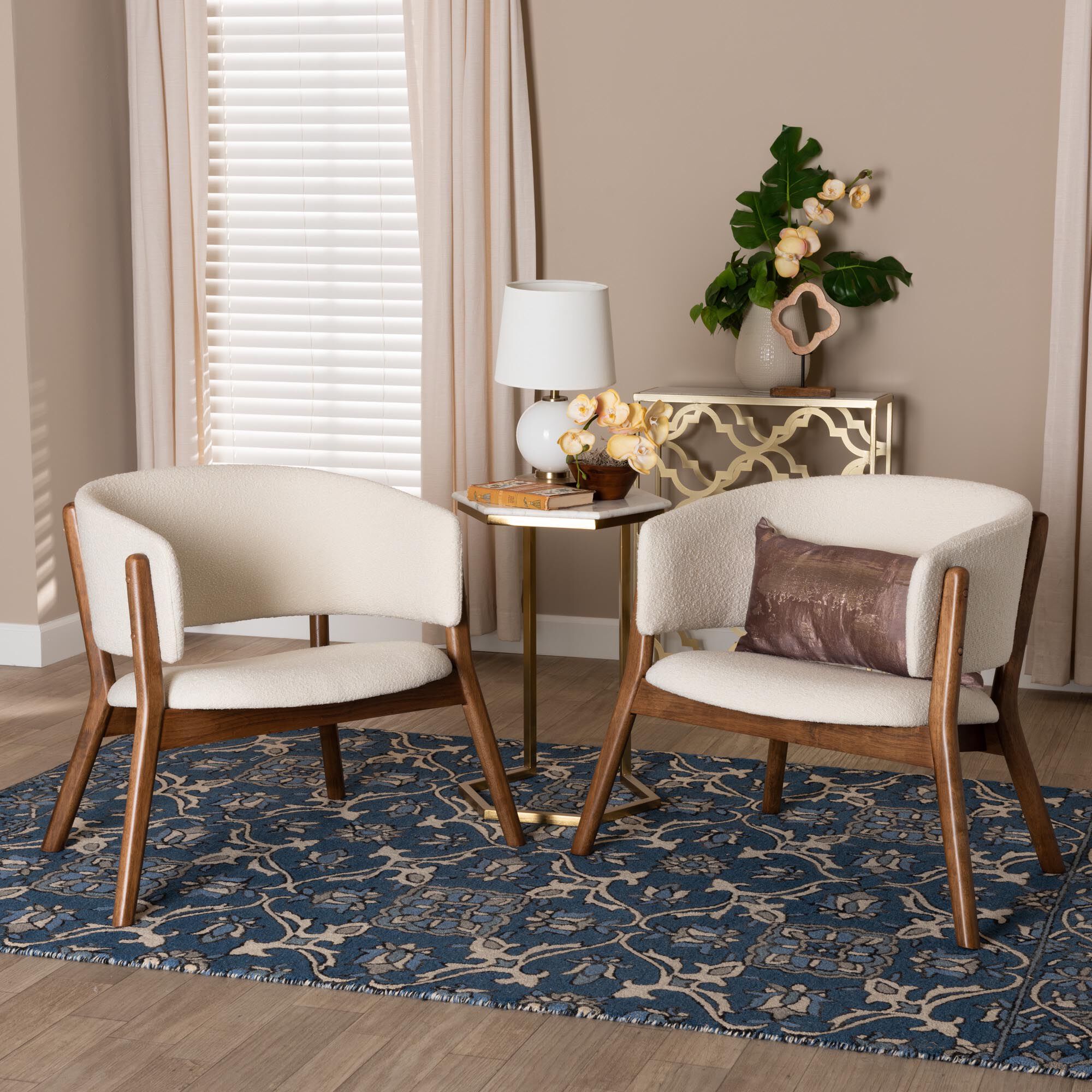 Baron Mid-Century Modern Cream Boucle Fabric Upholstered and Walnut Brown Finished Wood 2-Piece Living Room Accent Chair Set, CREAM, hi-res image number 0