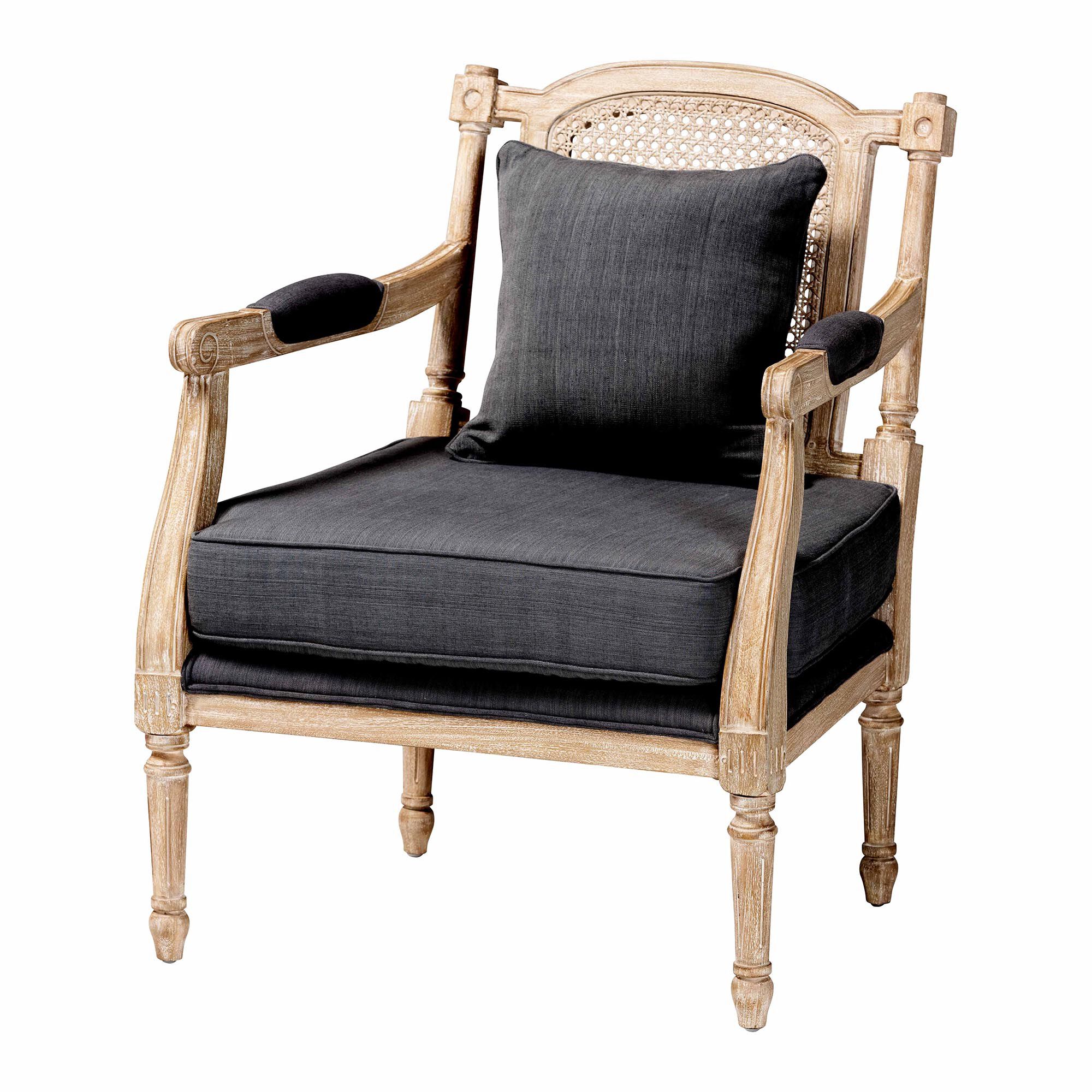 Clemence French Provincial Grey Fabric Whitewashed Mahogany Wood Armchair, GREY/WHITEWASHBROWN, alternate image number 1