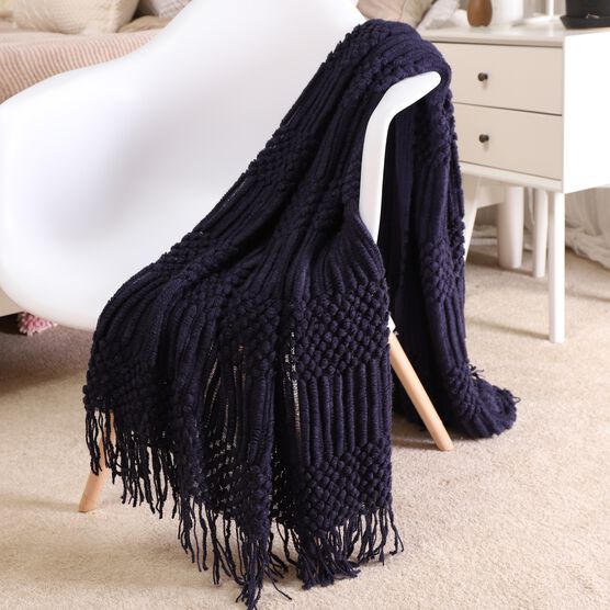 Battilo Home Solid Lightweight Knit Patterned Throws for Sofa Home Decorative Bed Blanket, 50" x 60", NAVY, hi-res image number null