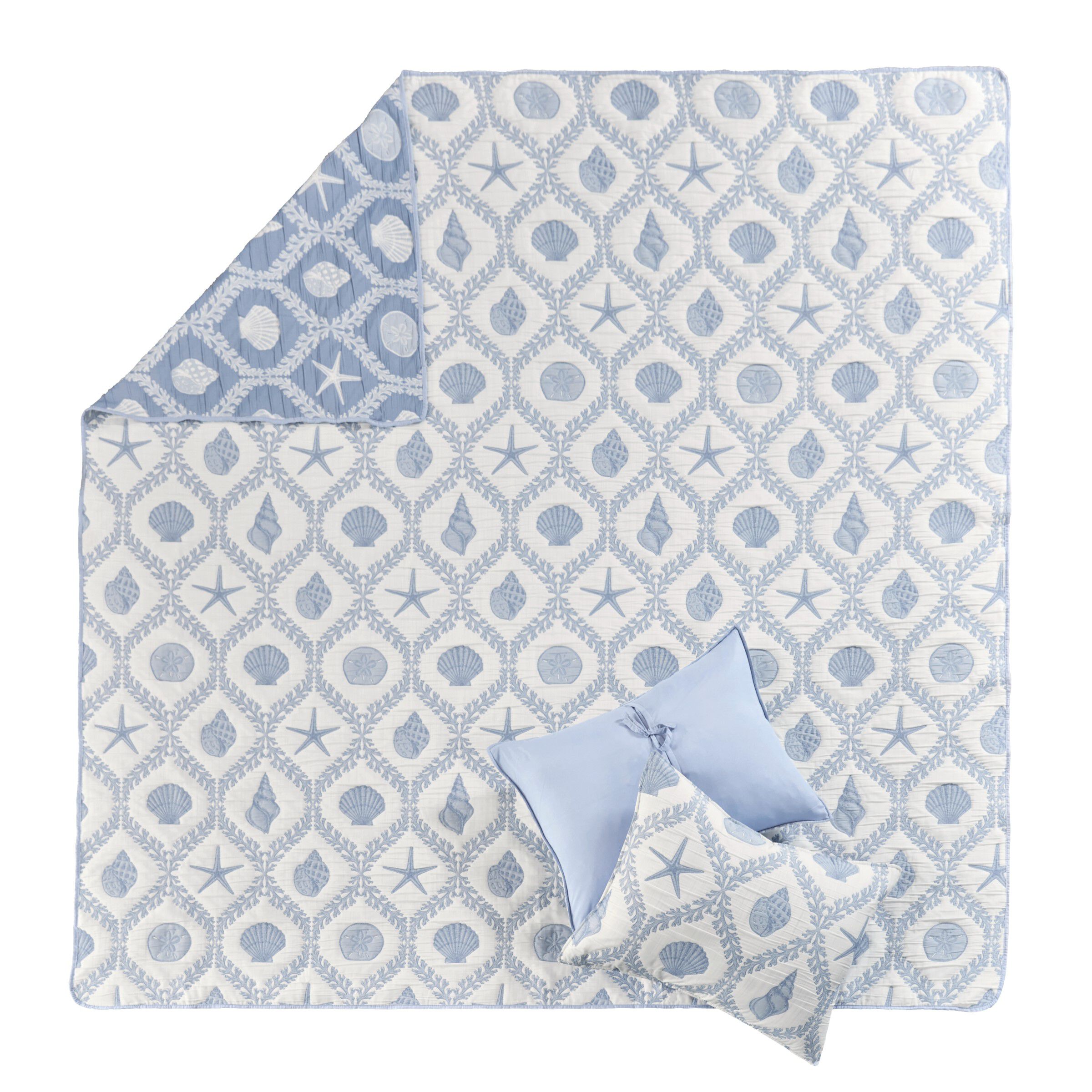 Laguna Seaside Coastal Seashell Ogee Reversible Coverlet Set, CHAMBRAY, alternate image number 2