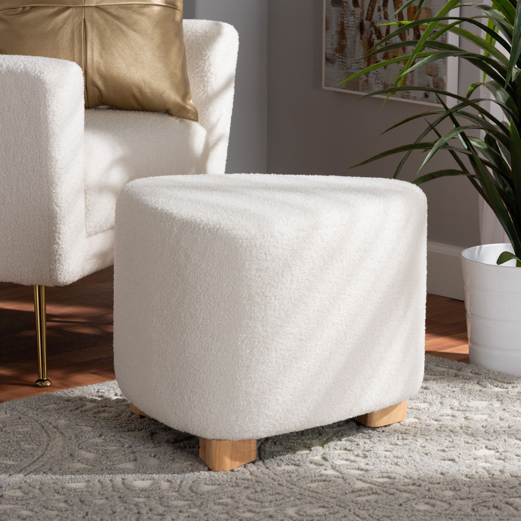Brielle Modern And Contemporary Ivory Boucle Upholstered And Natural Brown Finished Wood Ottoman, , alternate image number 5