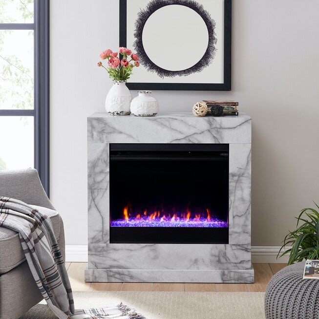 Dendale Faux Marble Fireplace, WHITE, hi-res image number 0