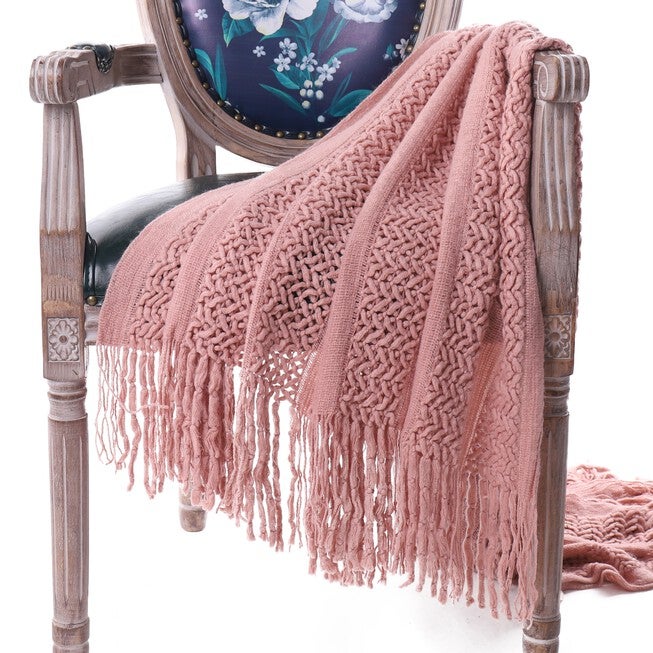 Battilo Home Solid Knit Mesh Tassels Throw Blanket Super Soft Warm Multi Color, 51 inches x 79 inches, PINK, hi-res image number null