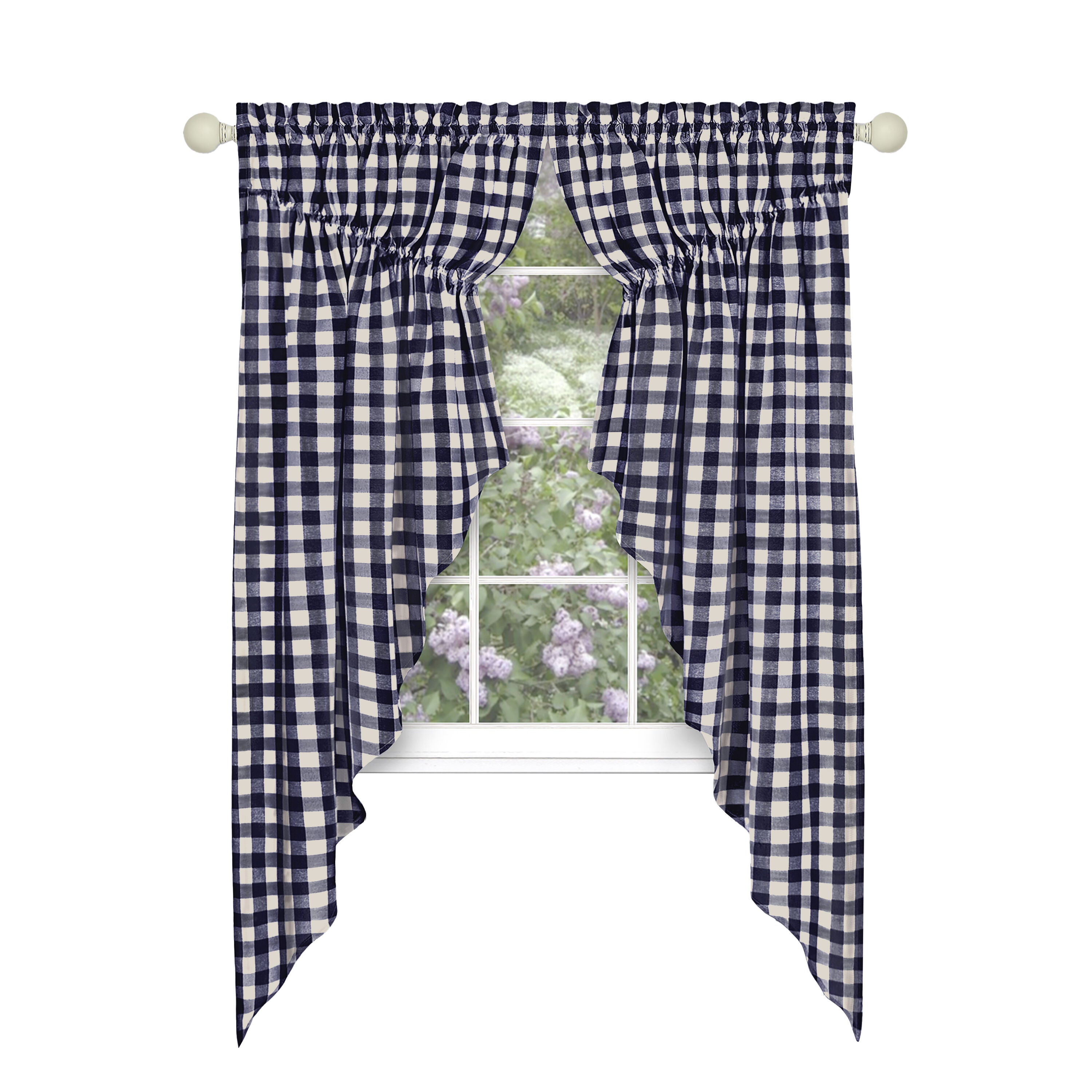 Buffalo Check Gathered Swag Window Curtain Pair, NAVY, alternate image number 1