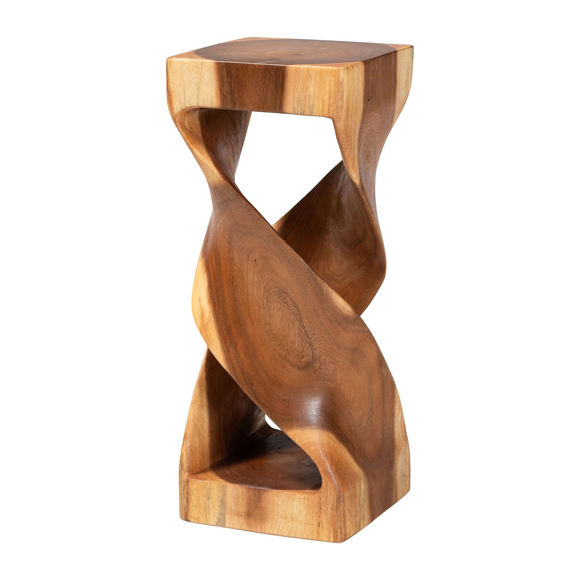 Rapha Suar Wood Accent Table - Hand-Carved Sculptural Pedestal Stand with Twist Design, BROWN, alternate image number 1