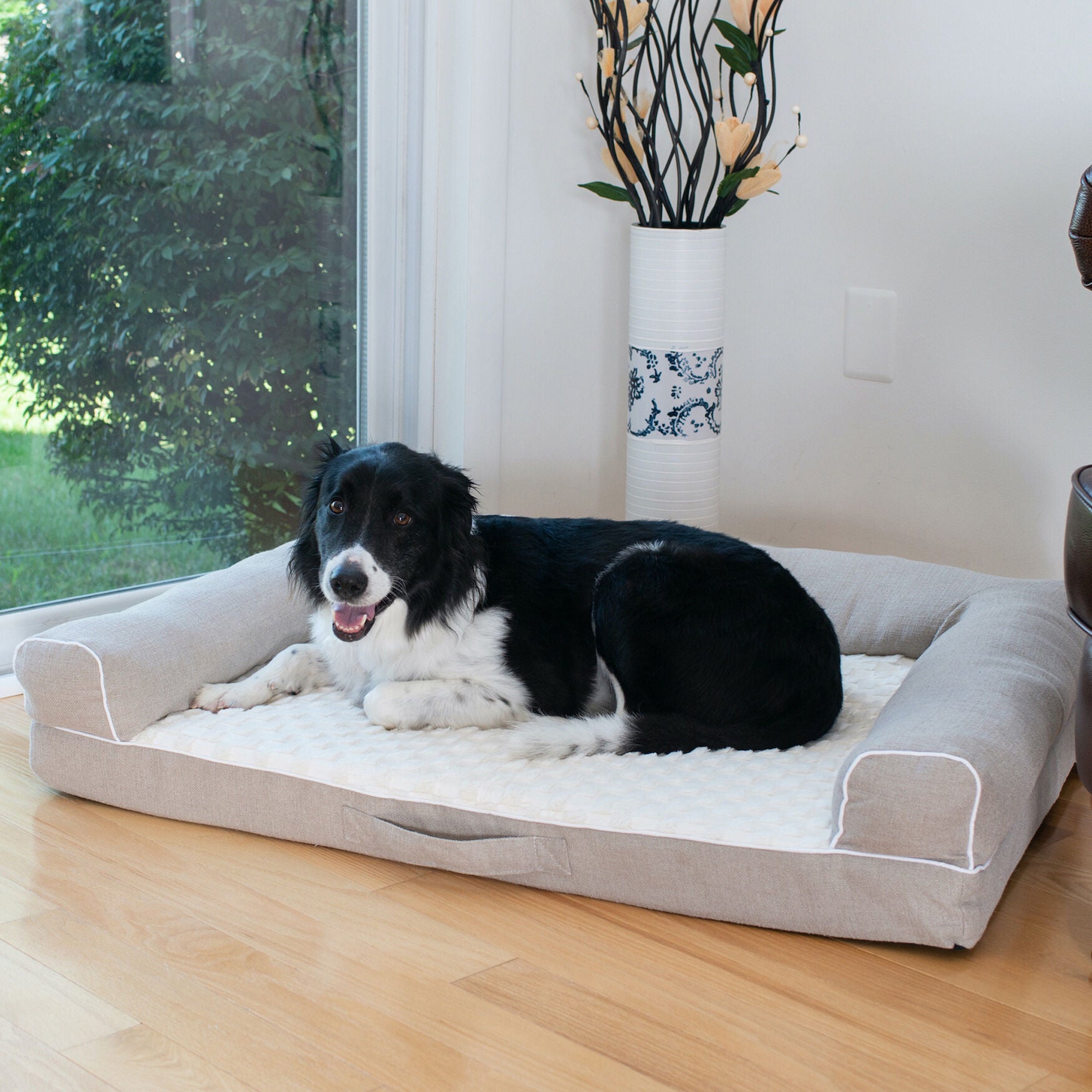 Bolstered Pet Bed Cushion With Memory Foam, Medium Ivory & Beige, , alternate image number 2