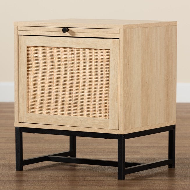 Caterina Mid-Century Modern Transitional Natural Brown Finished Wood And Natural Rattan 1-Door Nightstand With Pull-Out Shelf, , alternate image number null