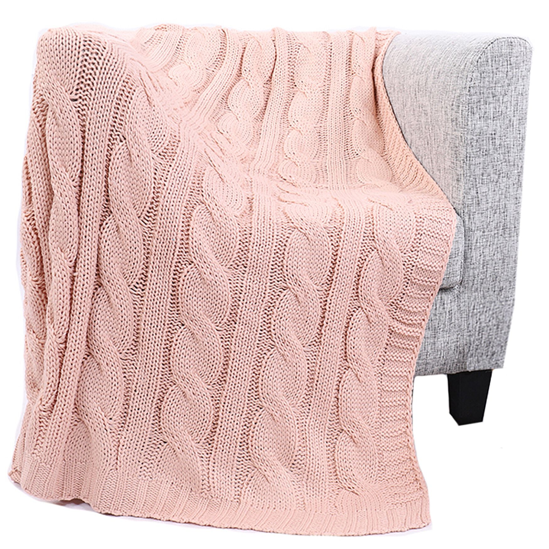 Battilo Home Cable Knit Throw Blanket, Acrylic Soft Cozy Snuggle Blanket, All Seasons Suitable for Adults and Kids, 50 inches x 60 inches, BLUSH, hi-res image number 0