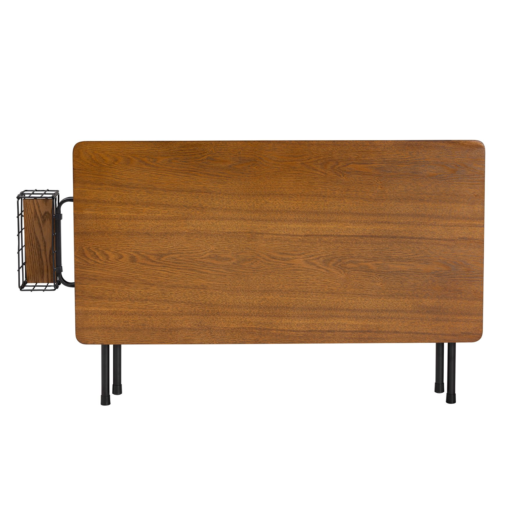 Natural wood coffee table front with black legs and wire basket side