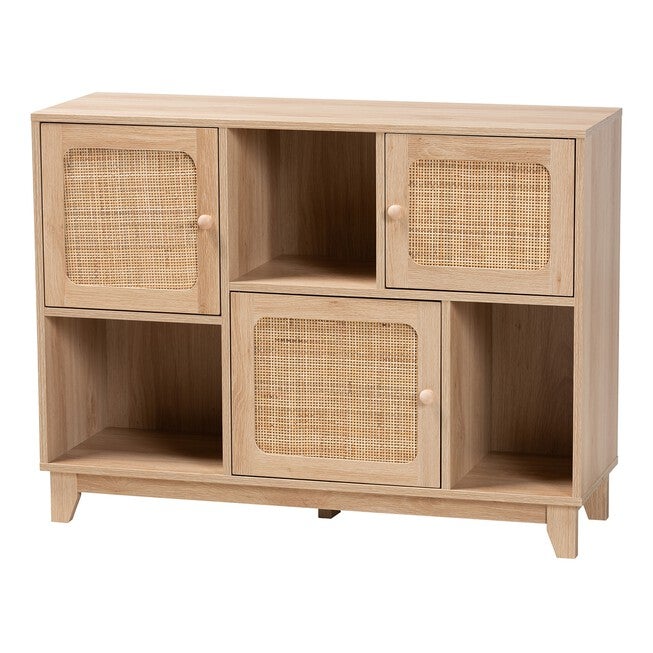Elsbeth Mid-Century Modern Light Brown Finished Wood And Natural Rattan 3-Door Sideboard, LIGHT BROWN NATURAL BROWN, hi-res image number null