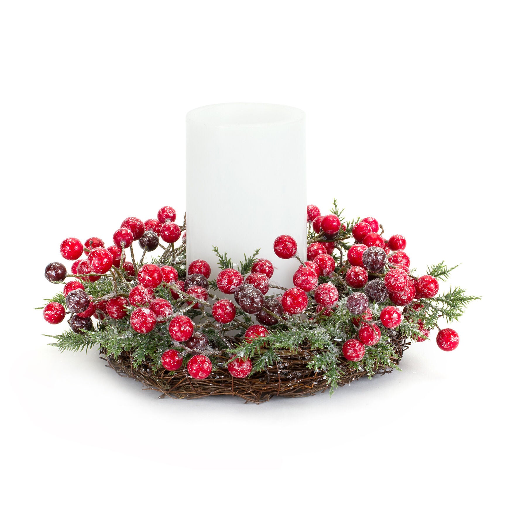 Frosted Winter Berry Pine Candle Ring With Grapevine Base (Set Of 6), RED, hi-res image number 0
