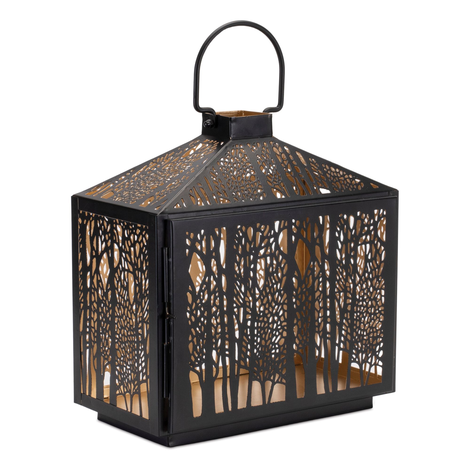 Forest Cut Metal Lantern with Gold Accent 12 inchesH, BLACK/GOLD, hi-res image number 0