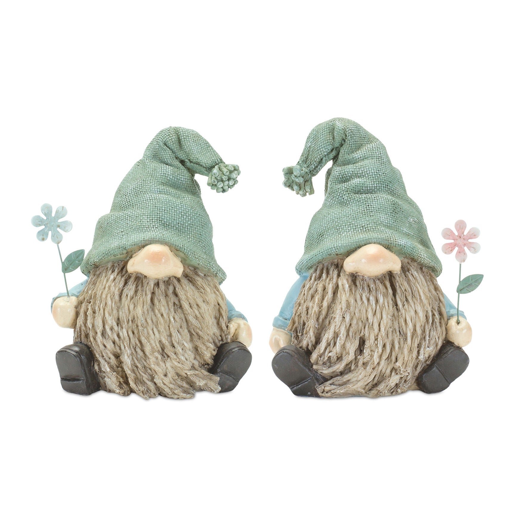 Stone Garden Gnome Figurine With Flower Stem Accent (Set Of 4), BLUE, hi-res image number 0