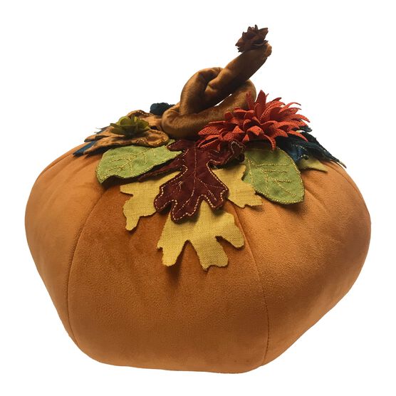 Harvest Velvet Pumpkin with Embroidered Leaves , PUMPKIN, hi-res image number null