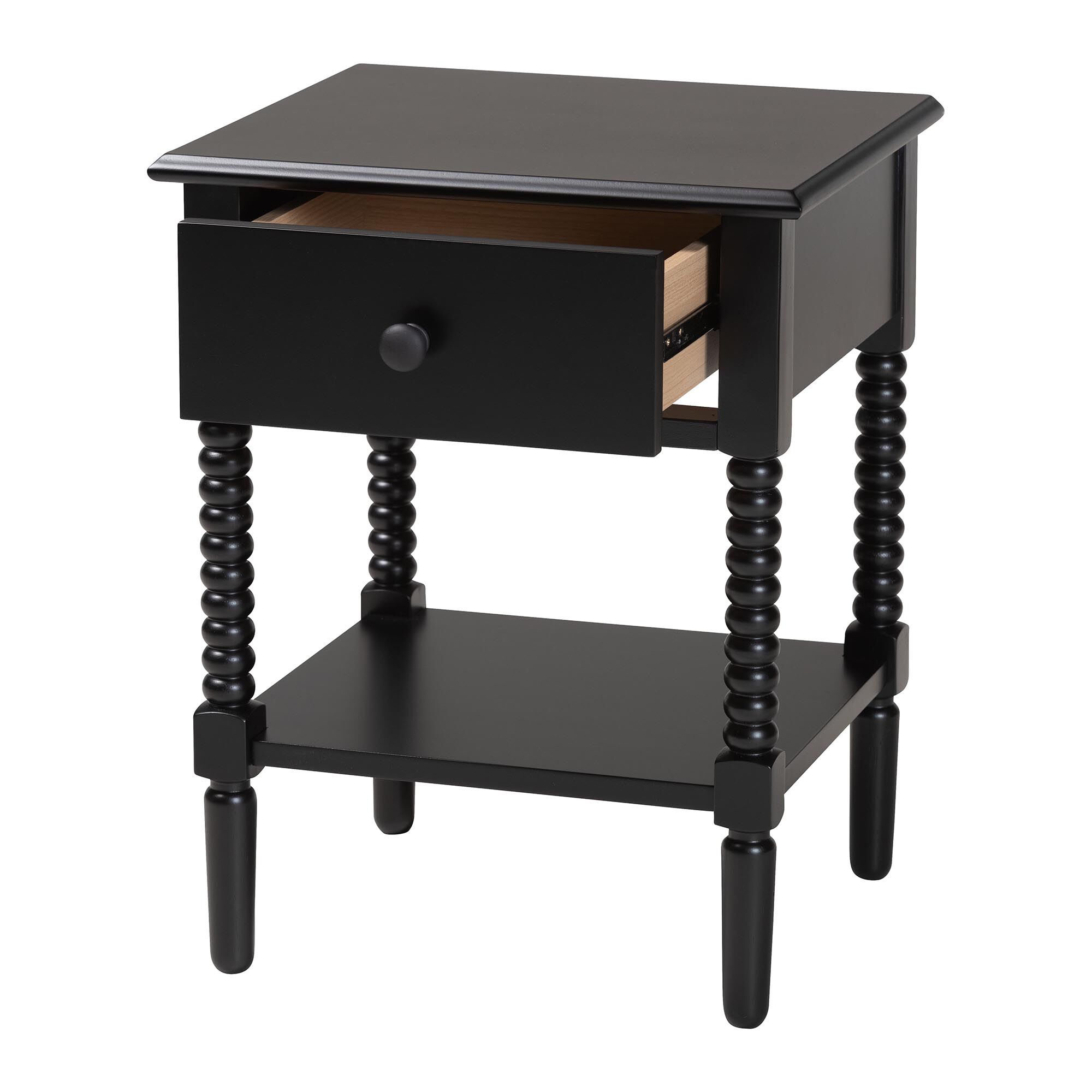 Baxton Studio Braith Farmhouse Black Spindle Wood 1-Drawer Nightstand, BLACK, alternate image number 2