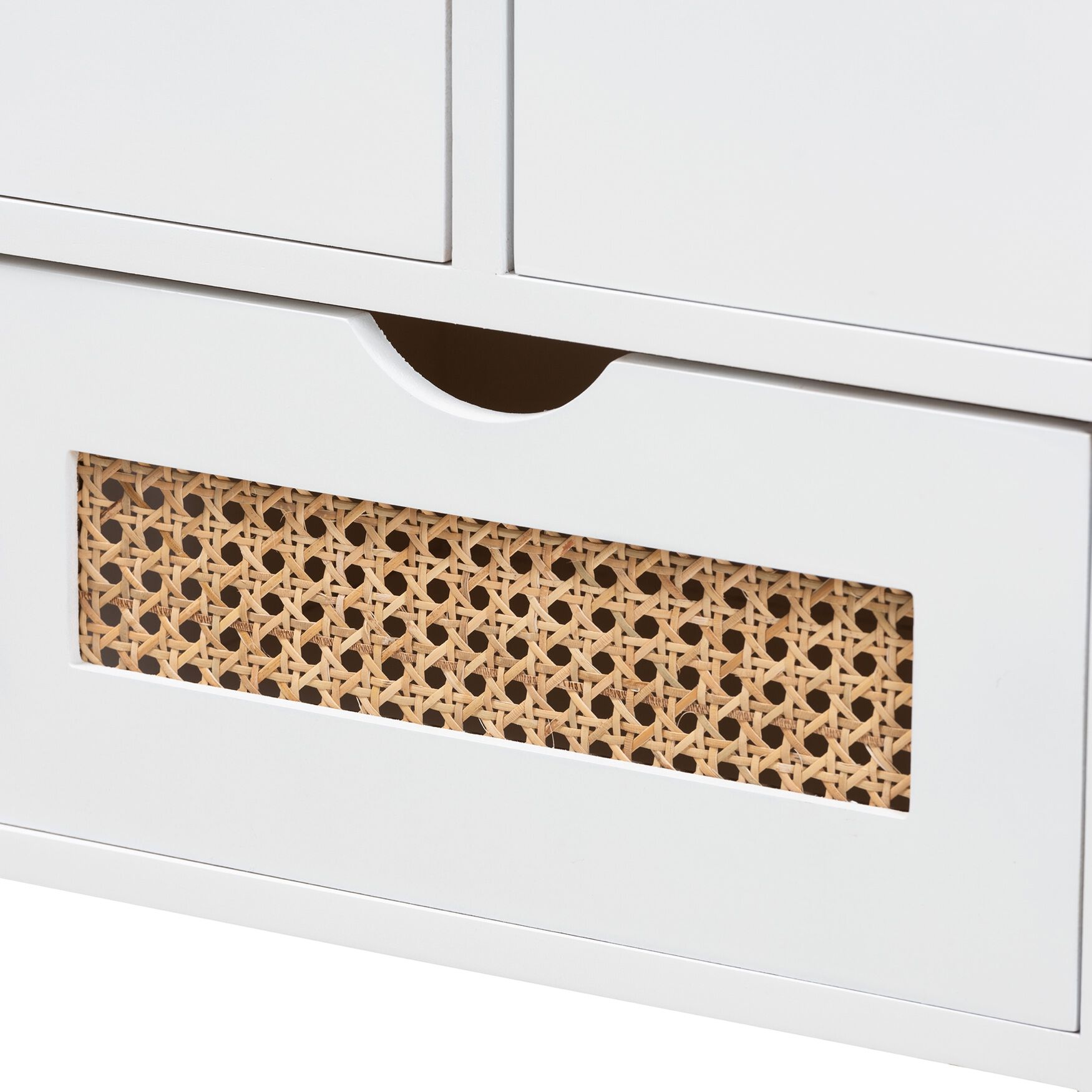 Bastian Modern And Contemporary Light Beige Fabric And White Finished Wood 3-Drawer Storage Bench With Natural Rattan, , alternate image number 4