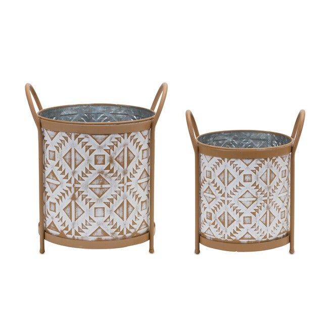 Footed Metal Aztec Planter (Set of 2), WHITE/BROWN, hi-res image number null
