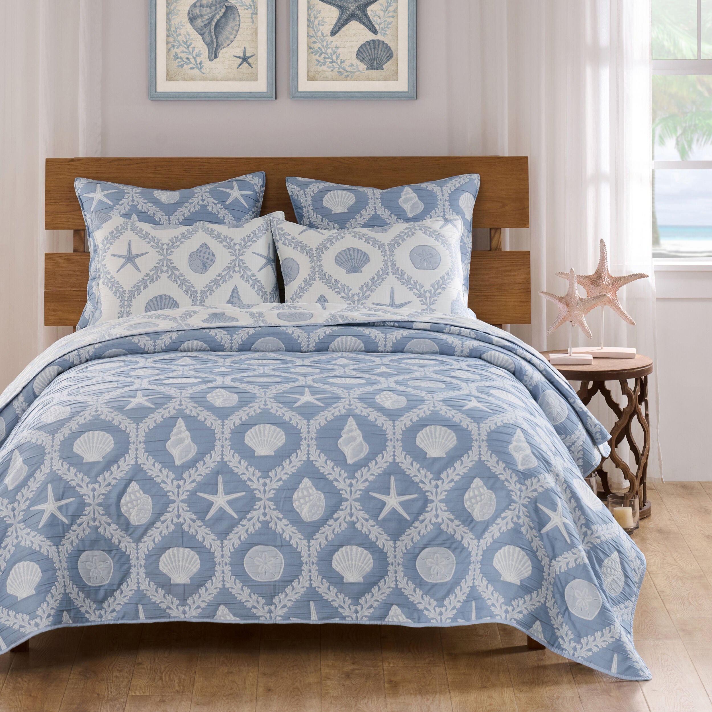 Laguna Seaside Coastal Seashell Ogee Reversible Coverlet Set, CHAMBRAY, alternate image number 5