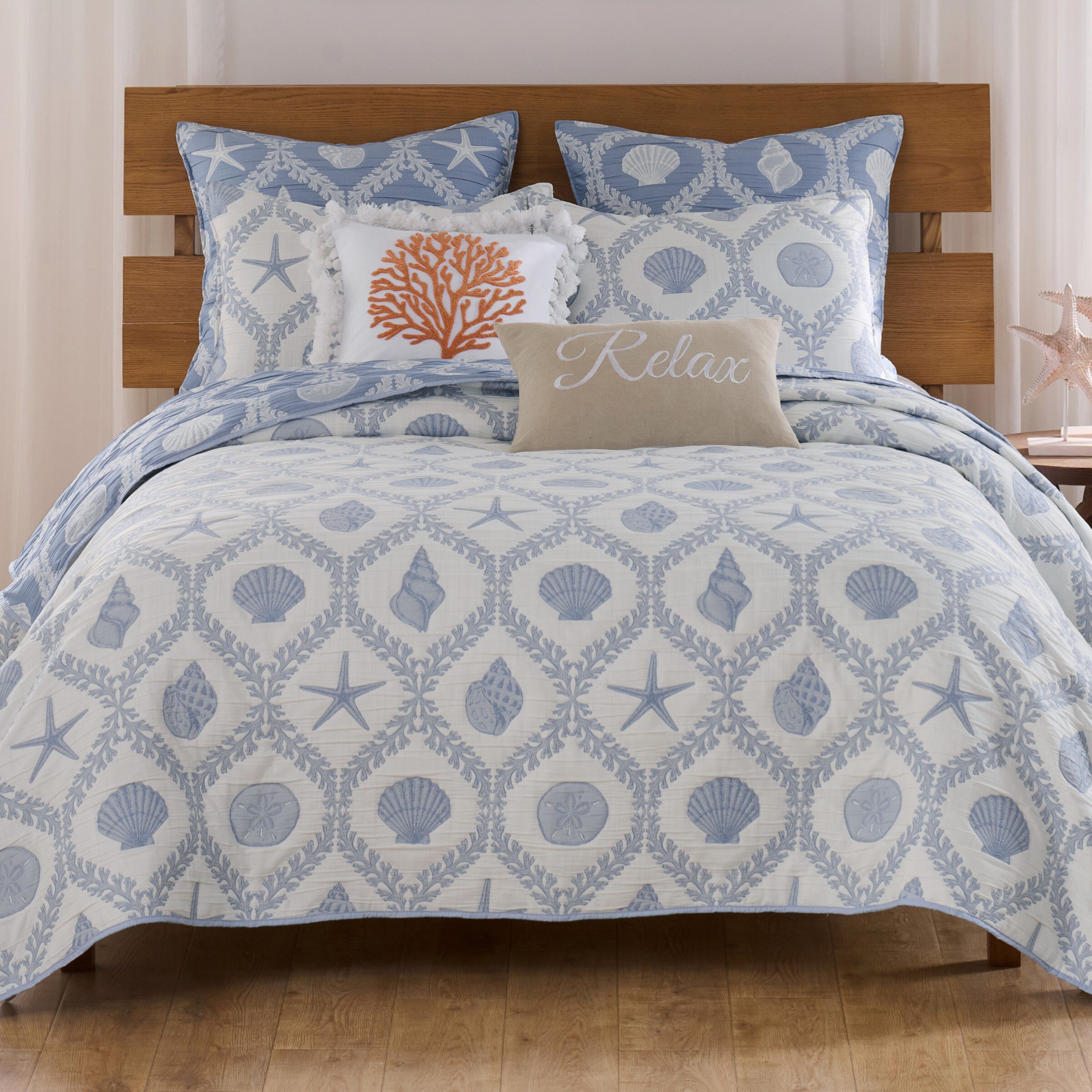 Laguna Seaside Coastal Seashell Ogee Reversible Coverlet Set, CHAMBRAY, hi-res image number 0