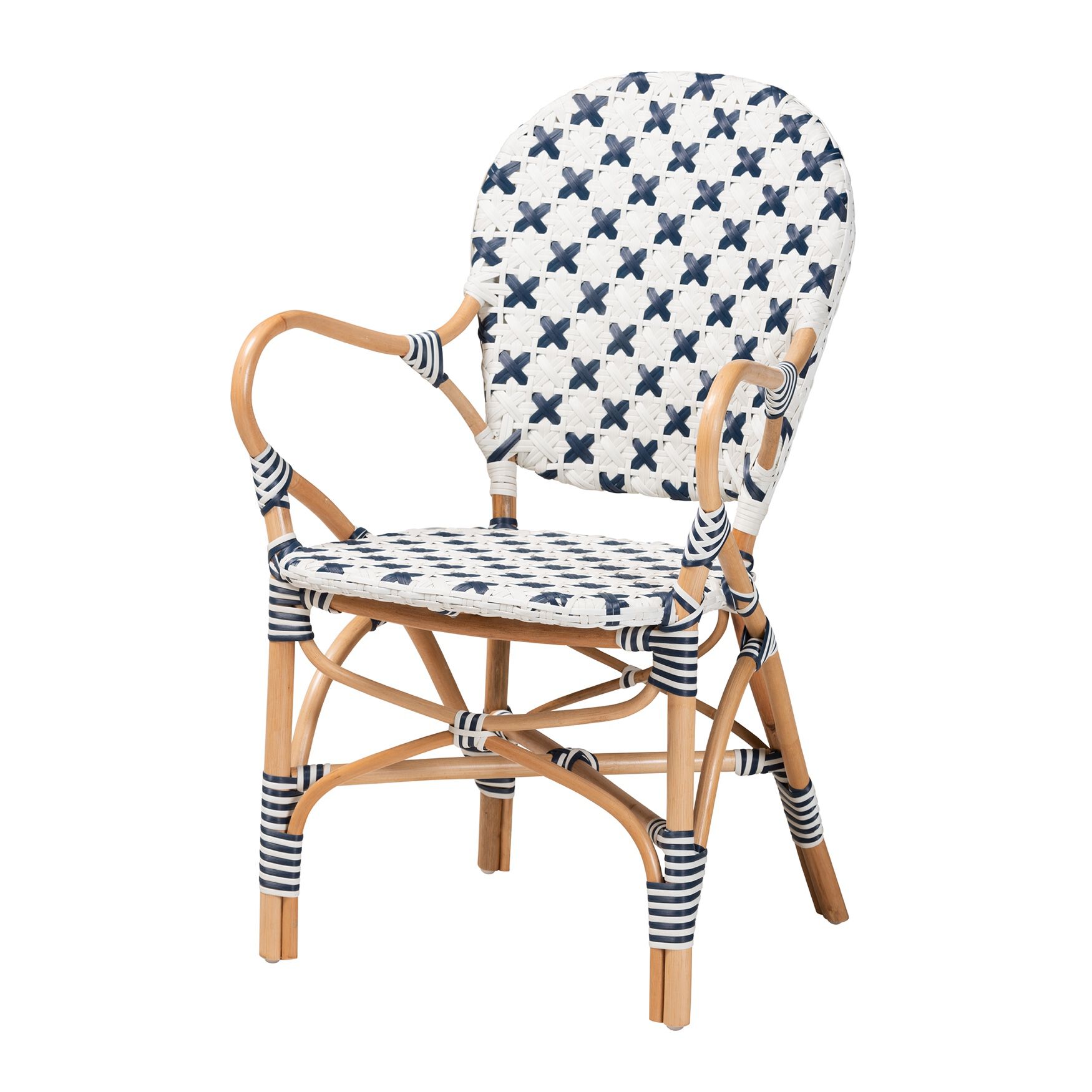 Bryson Modern French Blue And White Weaving And Natural Rattan Bistro Chair, BLUE WHITE BROWN, hi-res image number 0