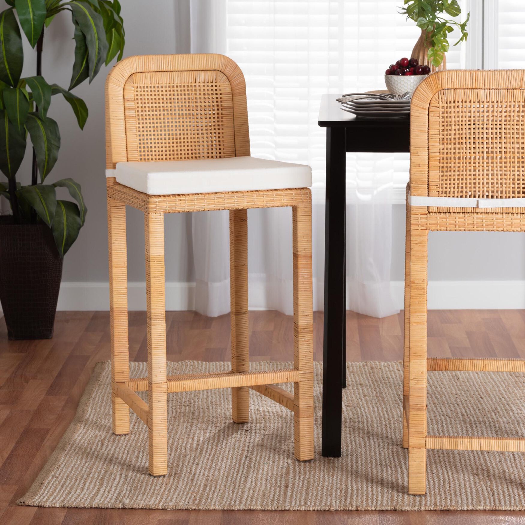 Zariah Modern Bohemian Natural Brown Rattan And Mahogany Wood Bar Stool, , alternate image number 5