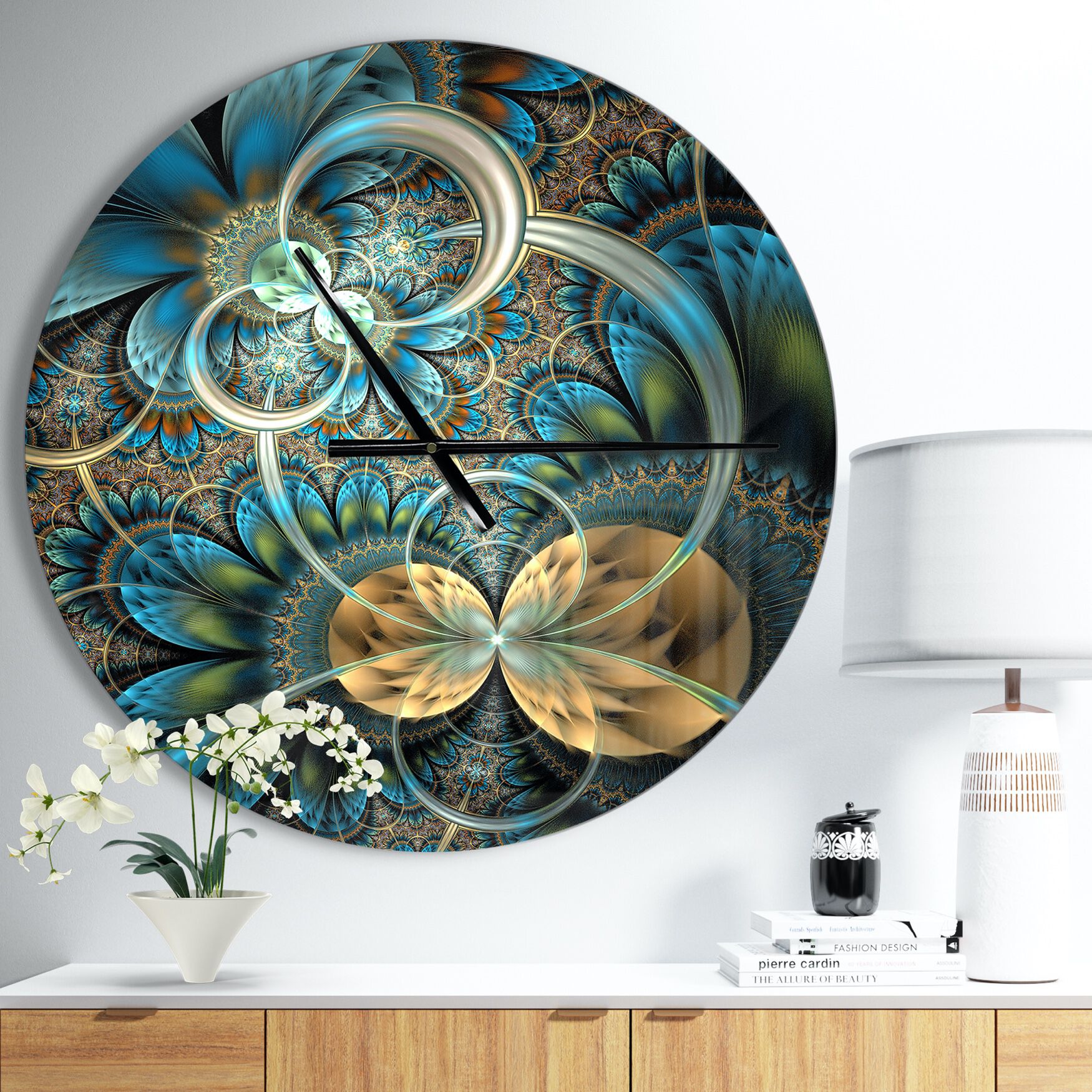 Symmetrical Blue Gold Fractal Flower Modern Wall Clock, BLUE, hi-res image number 0