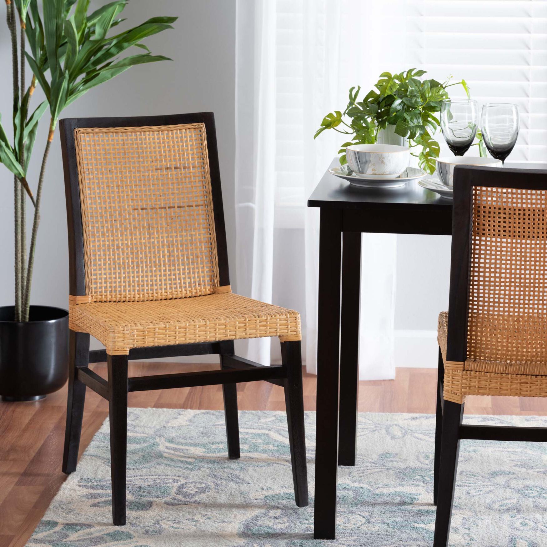 Lingga Modern Bohemian Dark Brown Mahogany Wood And Natural Rattan Dining Chair, , alternate image number 7