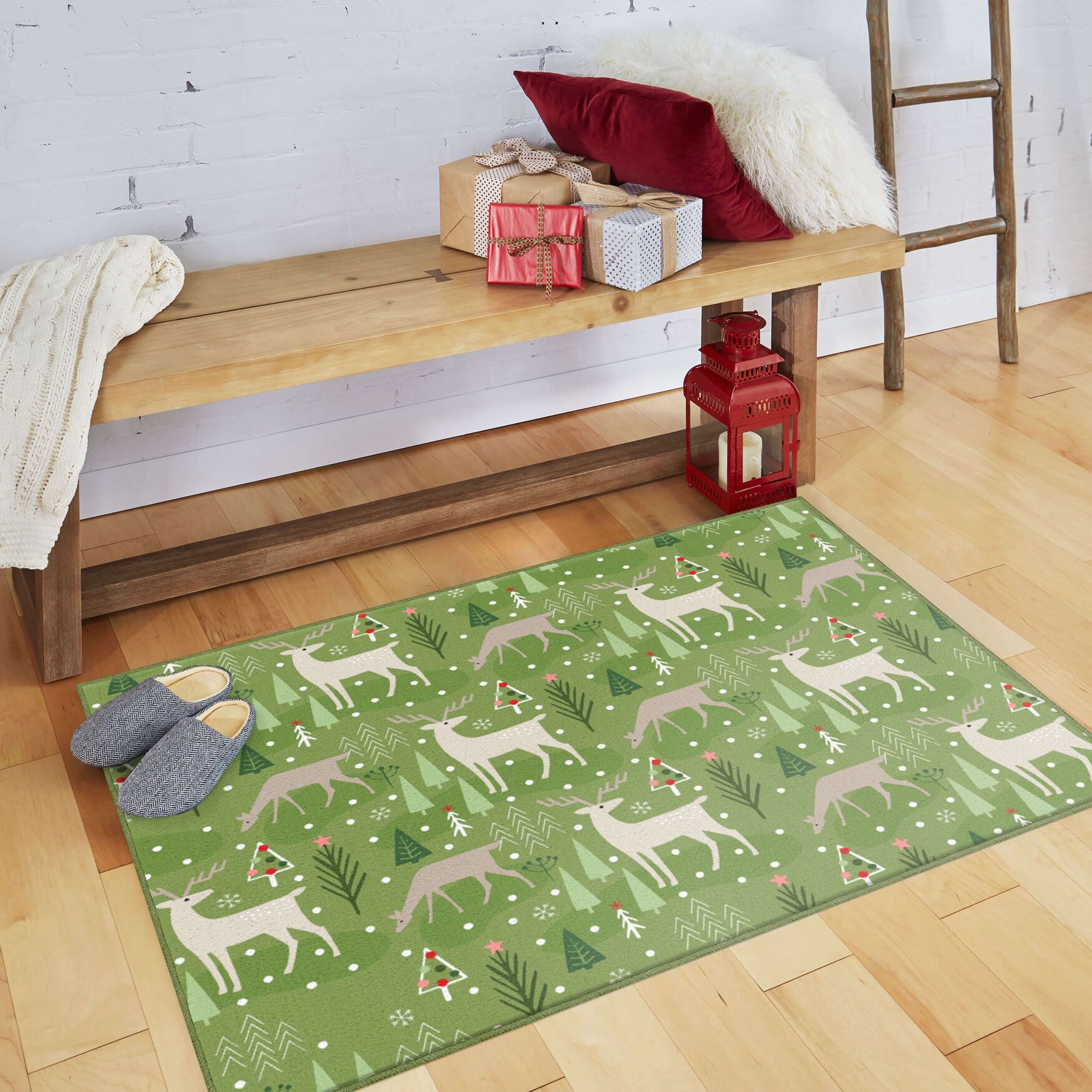 Reindeer Flurries Green Kitchen Rug, , alternate image number 4