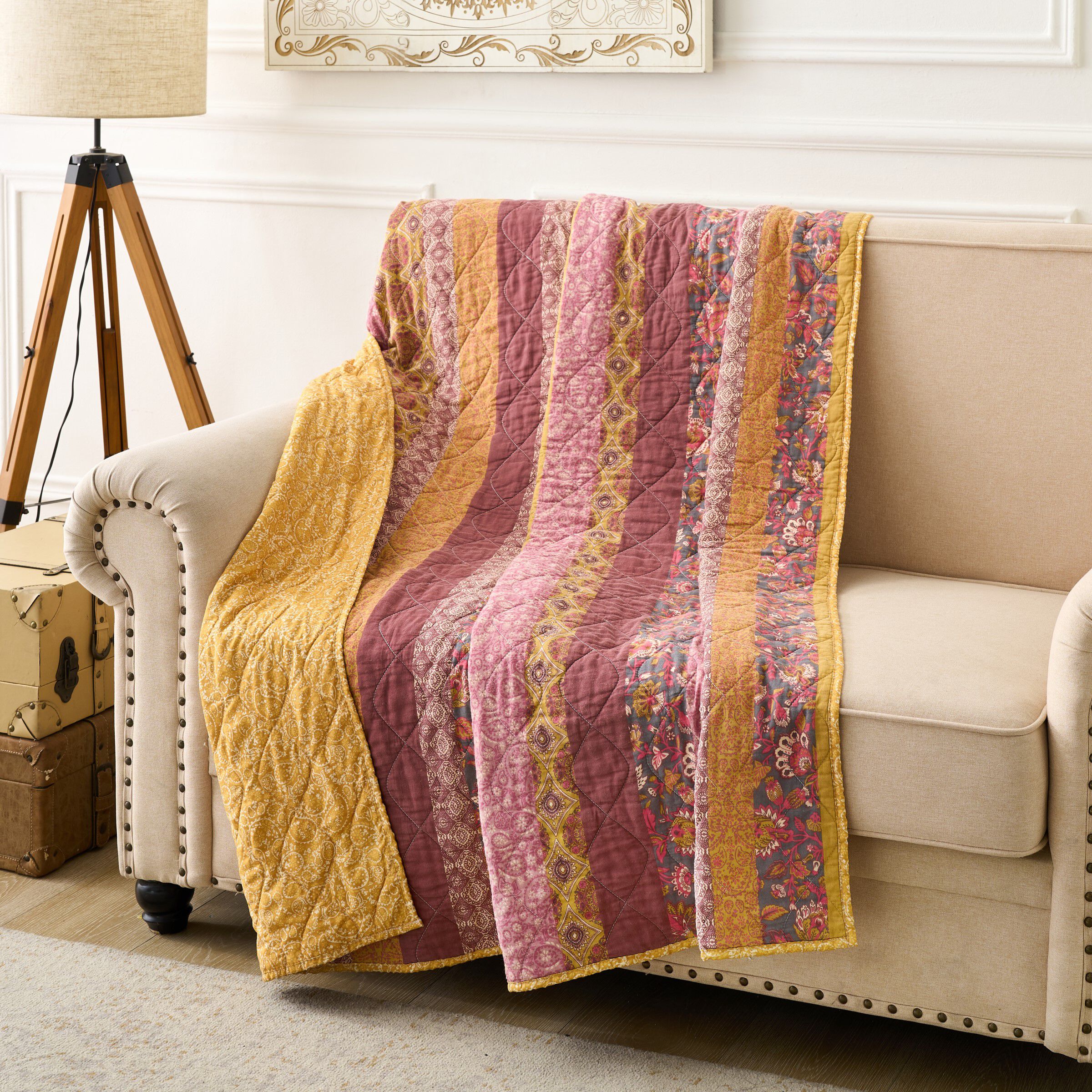 Marigold Floral Patchwork Stripes Quilted Throw Blanket, SUNSET, hi-res image number 0