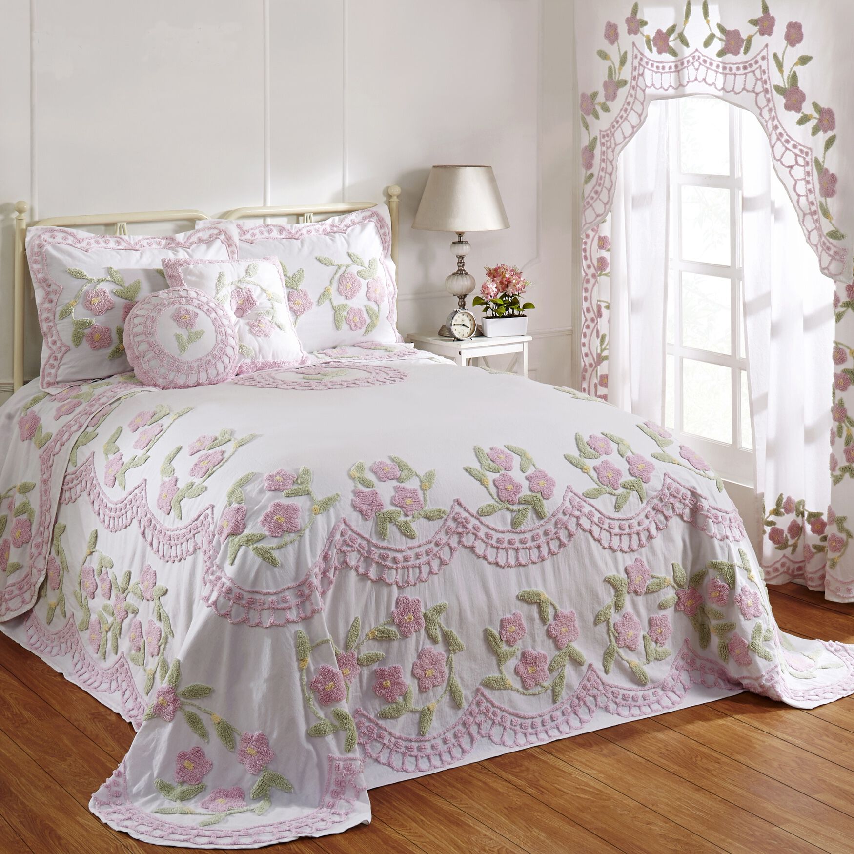 Bloomfield Collection in Floral Design Tufted Chenille Bedspread , ROSE, hi-res image number 0