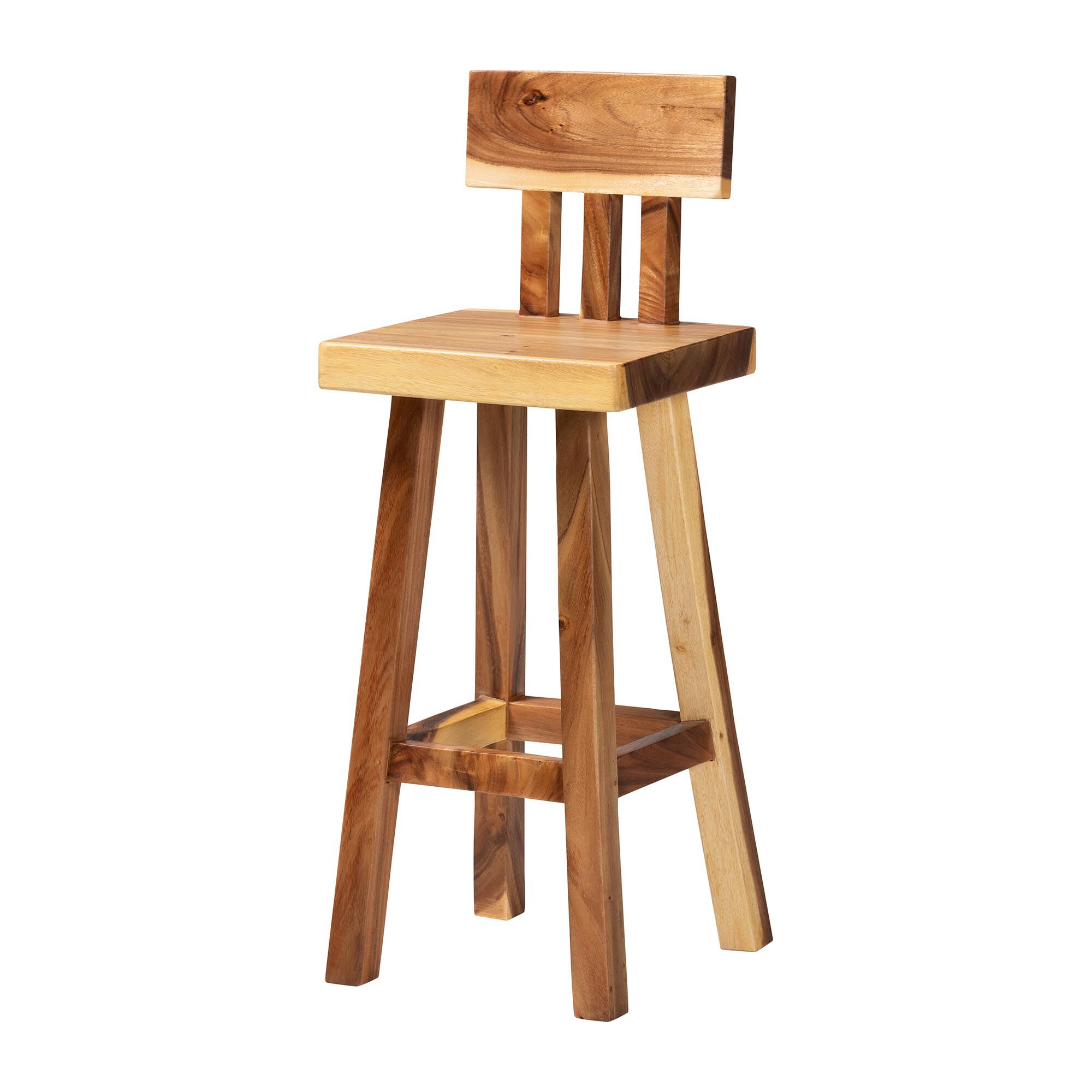 Luli Suar Wood Bar Stool - Handcrafted Solid Wood Stool with Backrest, BROWN, alternate image number 1