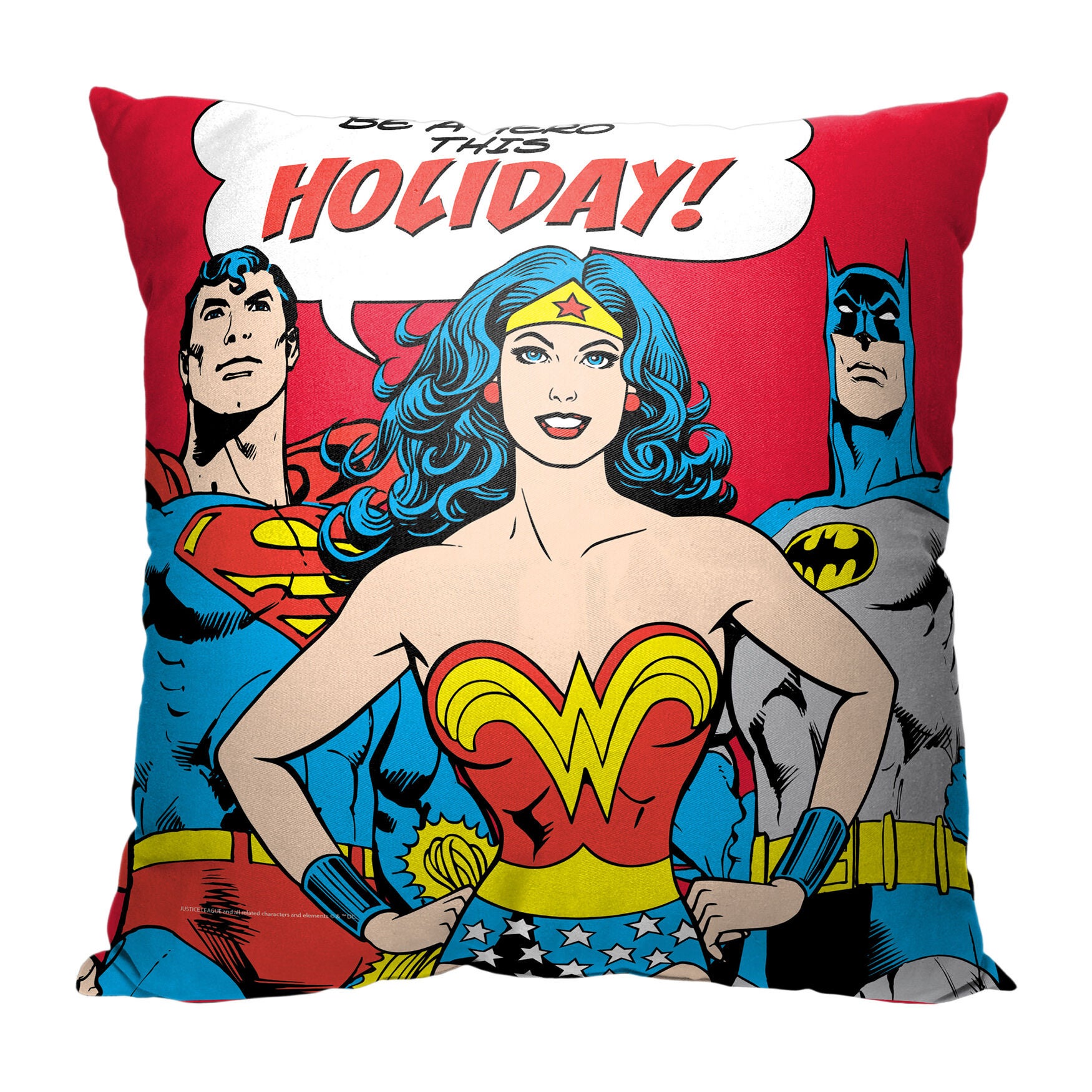 Wb Dc Justice League Be A Holiday Hero Printed Throw Pillow, O, hi-res image number 0