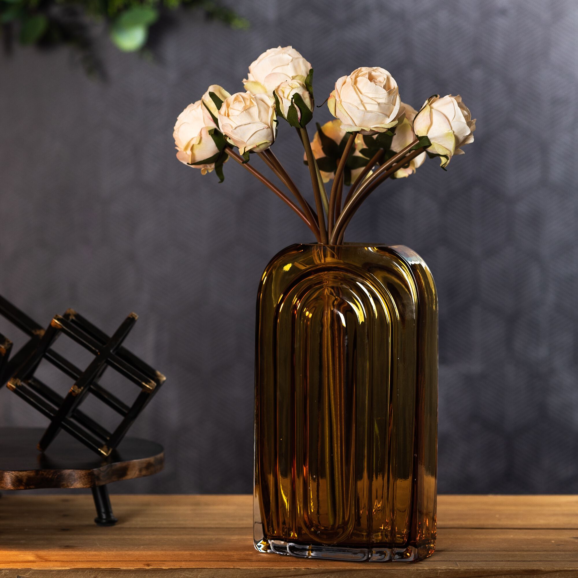 Sage Glass Vase with Wood Accent 11 inchesH, GREEN/BROWN, alternate image number 3