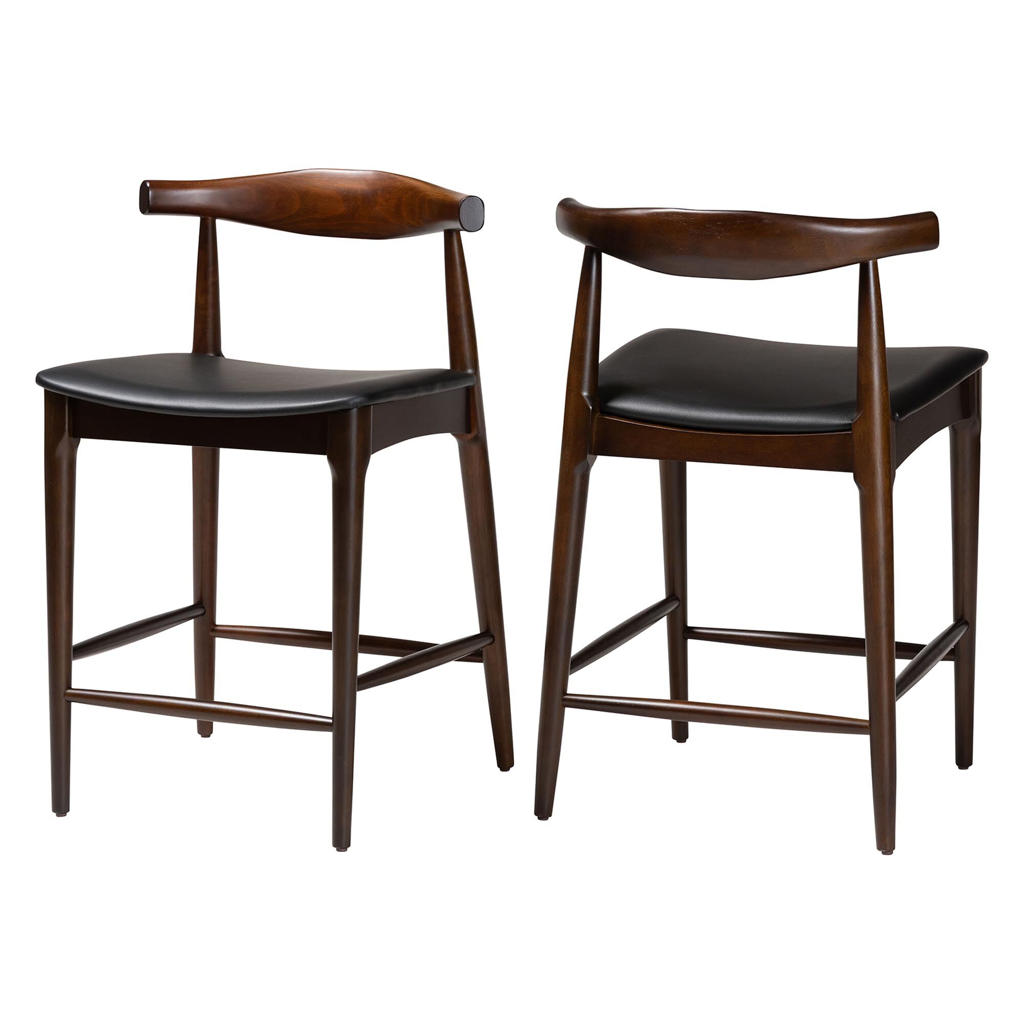 Eira Counter Stool Set of 2- Walnut Wood Frame Counter-height Chair with Curved Backrest and Black Faux Leather Seat, BLACK, alternate image number 1