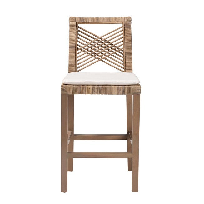 Poltak Modern Bohemian Grey Natural Kubu Rattan And Mahogany Wood Counter Stool, , on-hover image number null