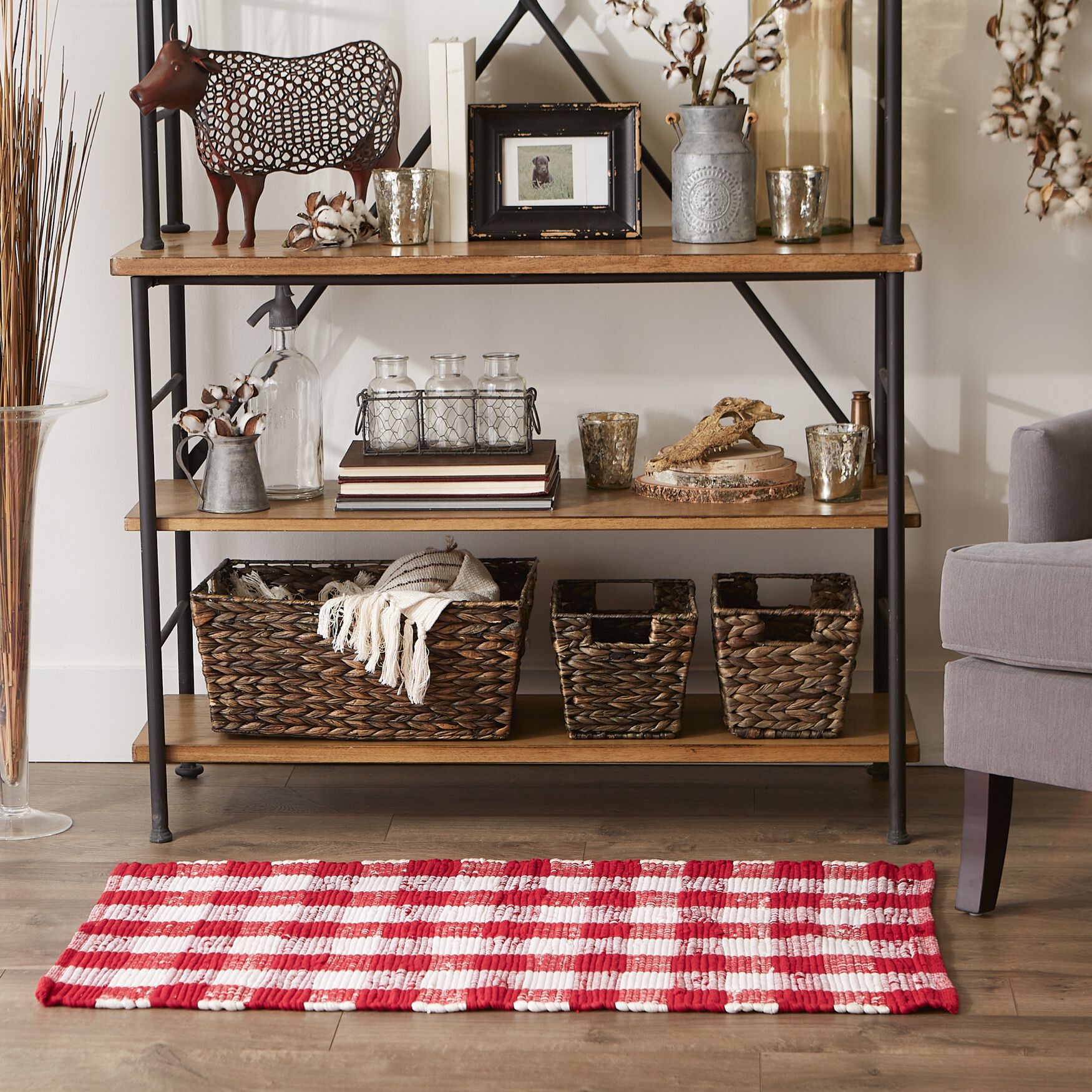 Red & White Buffalo Check Rag Rug 26X40, , on-hover image number 1