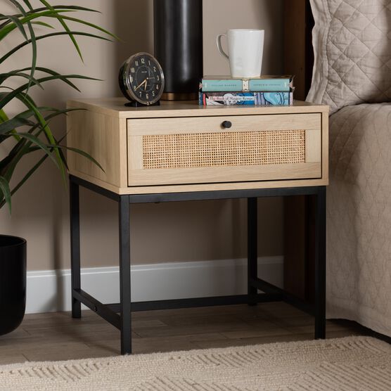 Caterina Mid-Century Modern Transitional Natural Brown Finished Wood And Natural Rattan 1-Drawer Nightstand, , alternate image number null