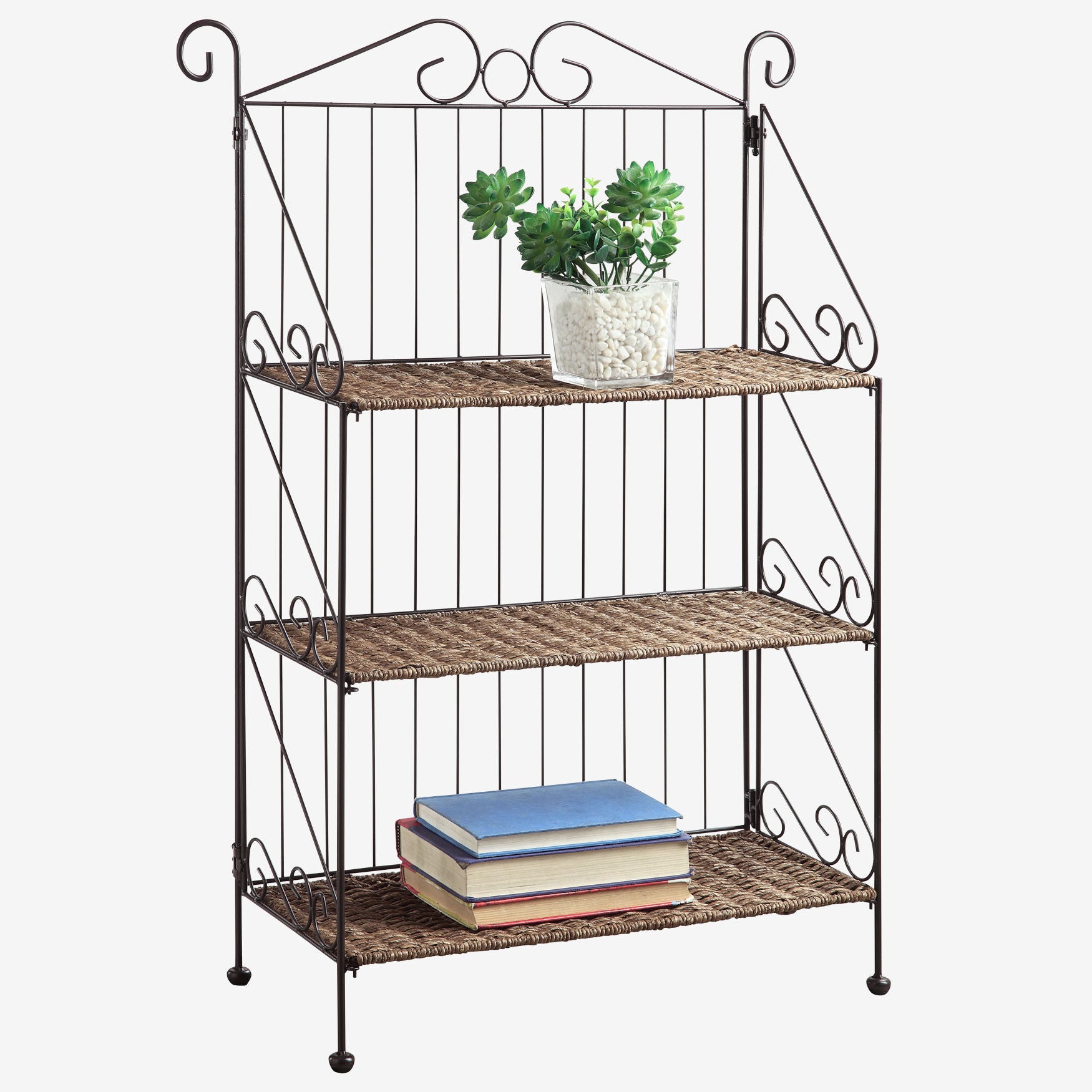 Farmington 3 Tier Folding Weave/Black Iron Shelf, BROWN, hi-res image number 0