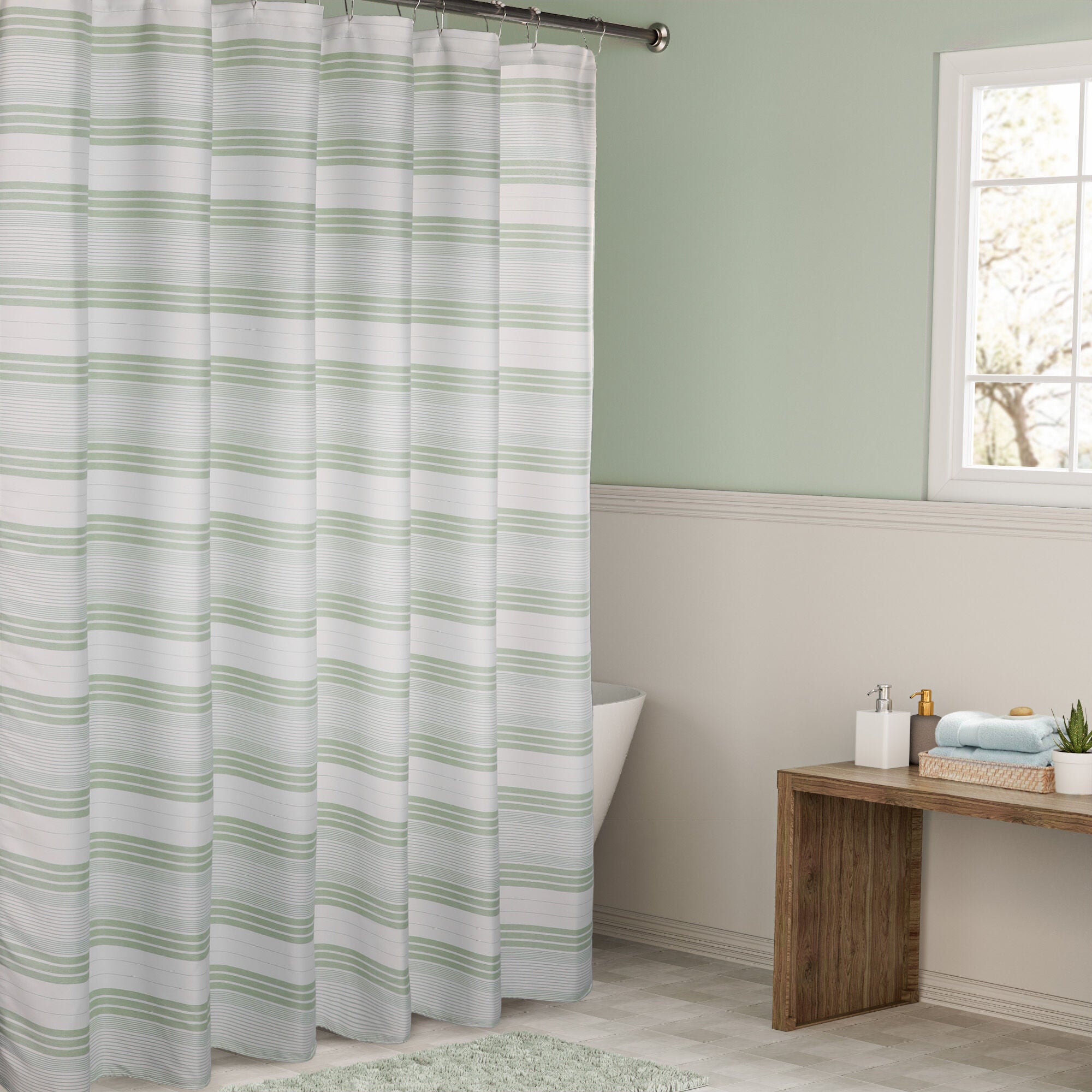 Horizontal Beach Stripe Water Repellent Shower Curtain, SAGE, hi-res image number 0