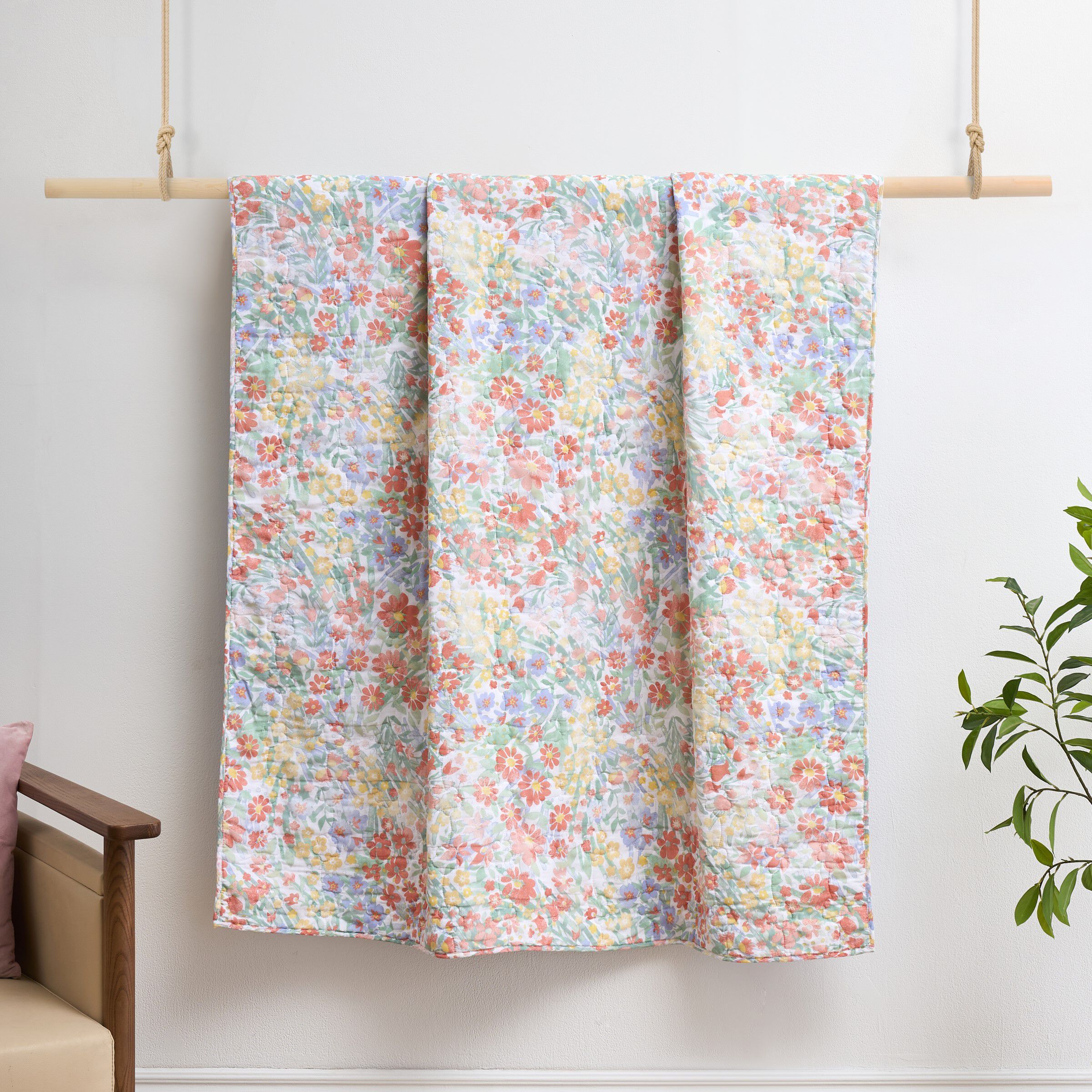 Alice Pastel Floral Meadow Quilted Throw Blanket, PASTEL, alternate image number 2