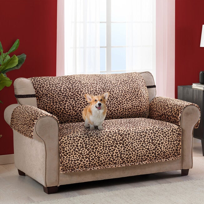 Leopard Plush Loveseat Furniture Cover, BROWN, hi-res image number 0