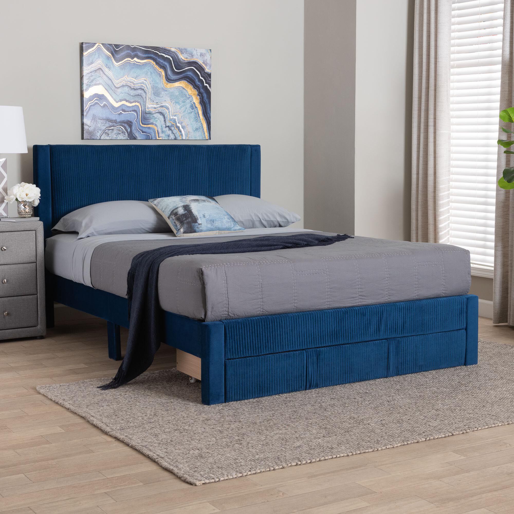 Elora Modern Navy Blue Pleated Velvet Queen Size Storage Bed, NAVY, hi-res image number 0