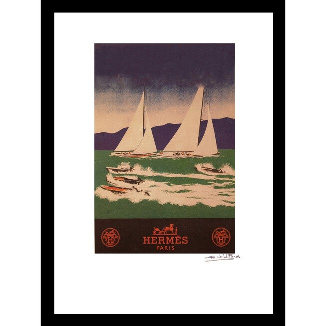 Vintage Hermes Sailboats 14x18 Framed Print, BLUE GREEN, hi-res image number 0